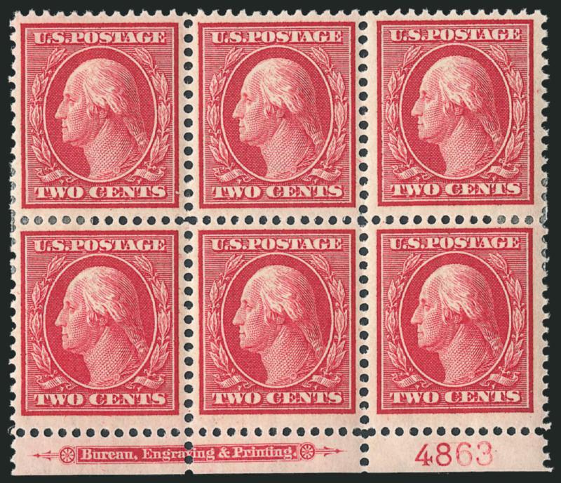 2c Carmine, Bluish (358).> Bottom imprint and plate no. 4863 block of six, h.r. except bottom center stamp Mint N.H., rich color and detailed impression on nicely blued paper, Very Fine and choice