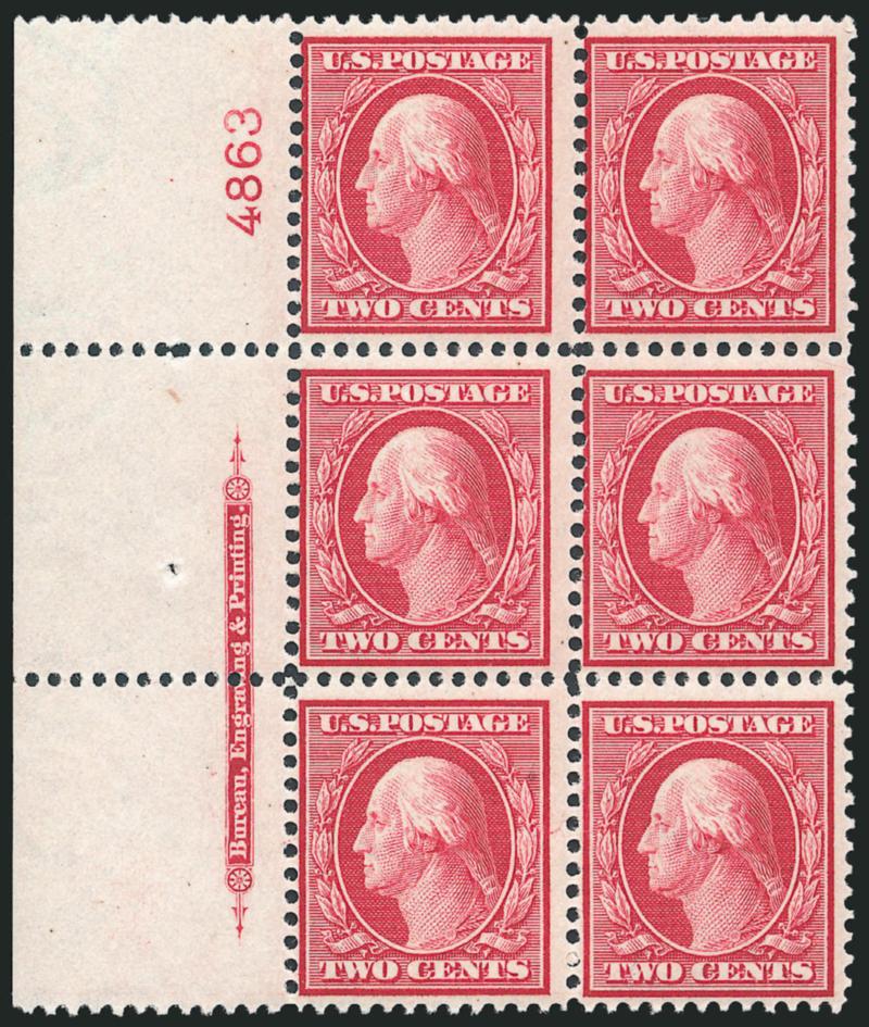 2c Carmine, Bluish (358).> Mint N.H. left imprint and plate no. 4863 block of six with wide selvage, bright shade on nicely blued paper, bottom right stamp tiny natural gum skip, Fine