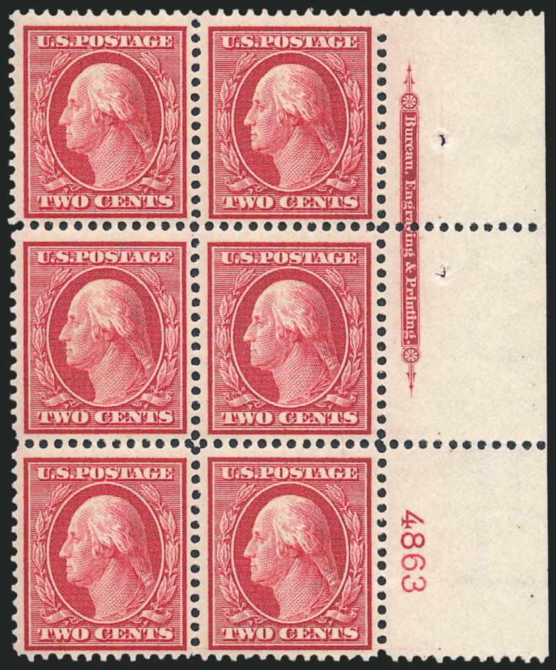 2c Carmine, Bluish (358).> Right imprint and plate no. 4863 block of six with wide selvage, bottom four stamps Mint N.H., rich color on deeply blued paper, fresh and Fine-Very Fine