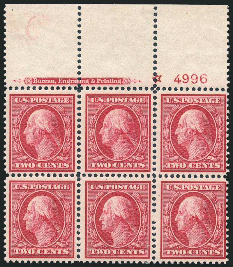 2c Carmine, Bluish (358).> Top imprint, plate no. 4996 and star block of six with wide selvage, lightly hinged with few stamps Mint N.H., bright shade and detailed impression, Fine-Very Fine, with 1977 P.F.
certificate