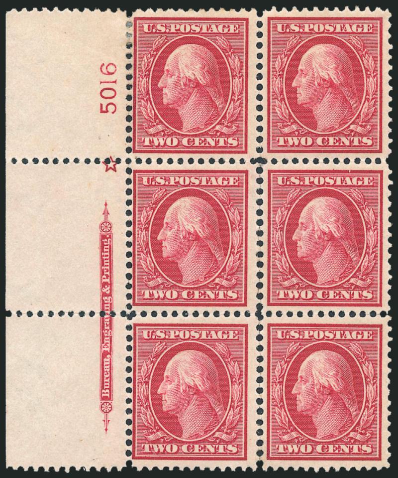 2c Carmine, Bluish (358).> Left imprint, plate no. 5106 and star block of six with wide selvage, bottom left stamp small h.r., significant perf separations expertly rejoined, otherwise Fine-Very Fine