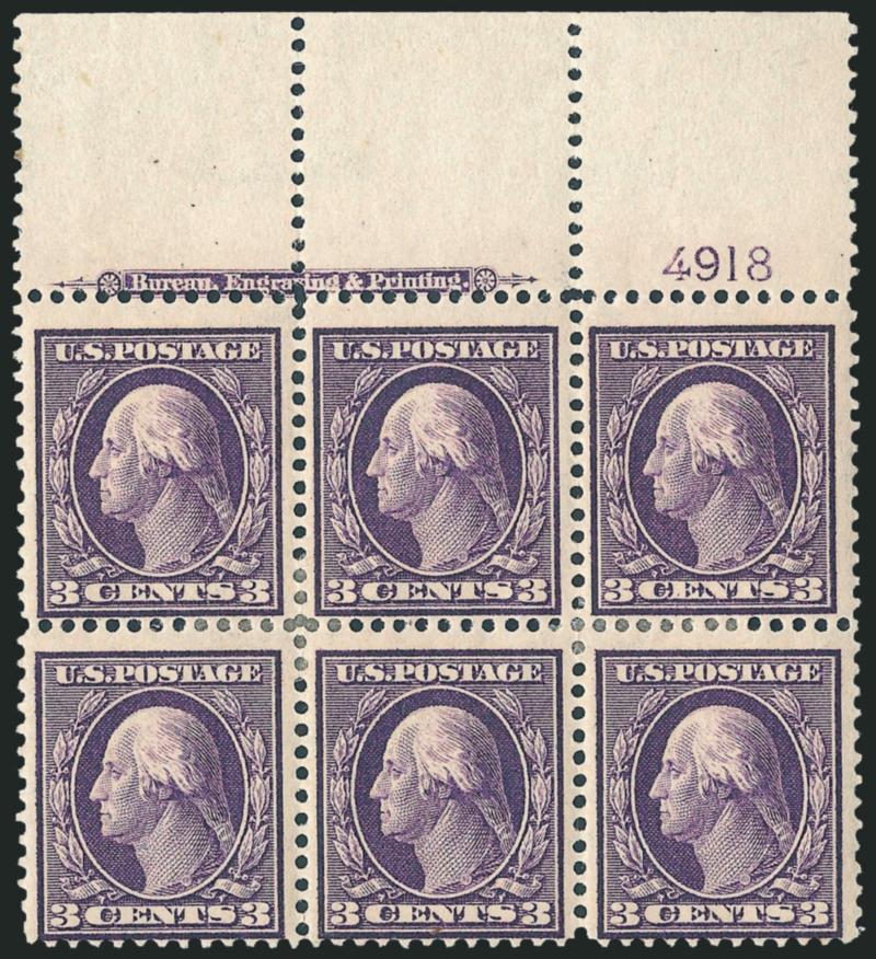 3c Deep Violet, Bluish (359).> Top imprint and plate no. 4918 block of six with wide selvage, h.r., rich color on deeply blued paper, few small faint brown specks on gum<><>^FINE-VERY FINE. AN EXCEEDINGLY RARE
IMPRINT AND PLATE NUMBER BLOCK OF SIX