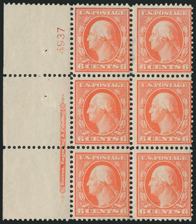 6c Red Orange, Bluish (362).> Left imprint and plate no. 4937 block of six with wide selvage, center stamps Mint N.H., vibrant color on nicely blued paper, few tiny natural inclusions, top stamps light gum soak
where few perf separations expertly rei