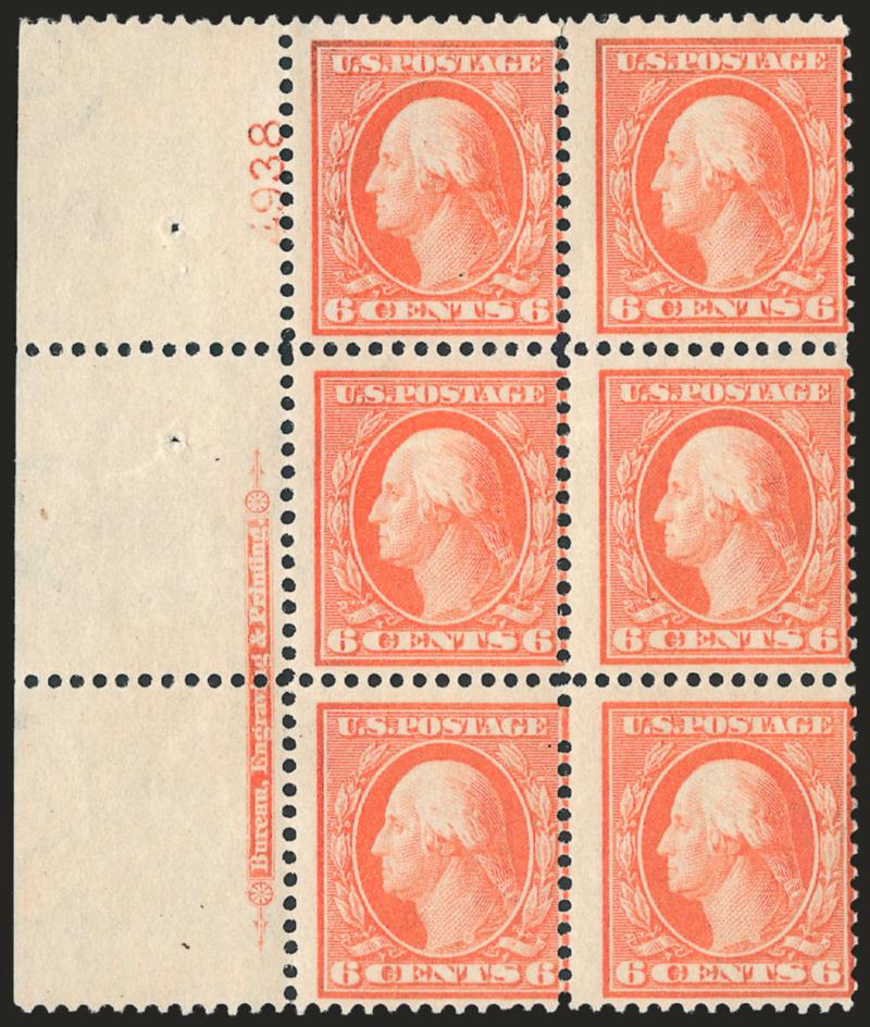 6c Red Orange, Bluish (362).> Left imprint and plate no. 4938 block of six with wide selvage, bright color on deeply blued paper, few trivial natural inclusions, centered to right where perfs just in,
certificate notes that center stamps and bottom l