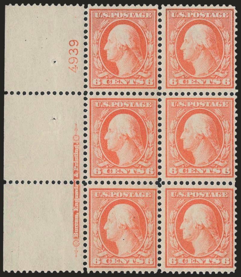 6c Red Orange, Bluish (362).> Left imprint and plate no. 4939 block of six with wide selvage, brilliant color on deeply blued paper, bottom four stamps Mint N.H., few trivial natural inclusions<><>^FINE-VERY
FINE. A BEAUTIFUL PLATE BLOCK OF THE 6-C