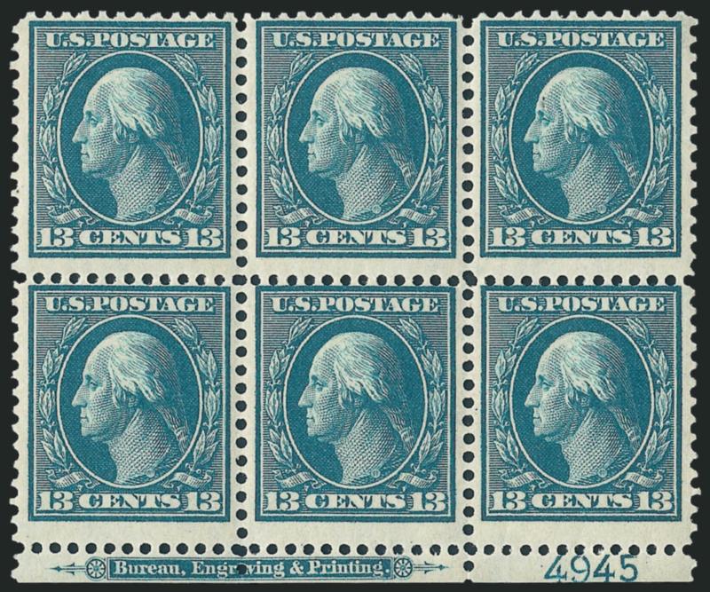13c Bluish Green, Bluish (365).> Bottom imprint and plate no. 4945 block of six, deep rich color on nicely blued paper<><>^FRESH AND FINE. A RARE IMPRINT AND PLATE NUMBER BLOCK OF SIX OF THE 13-CENT ON BLUISH
PAPER. THIS BOTTOM POSITION PLATE BLOCK