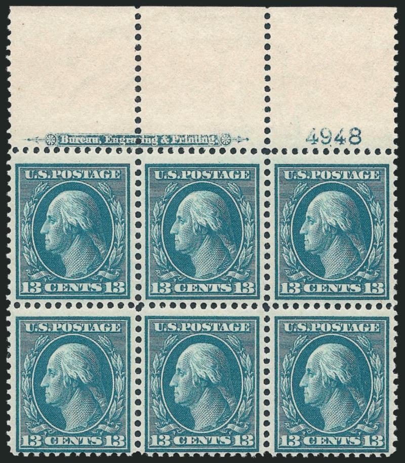 13c Bluish Green, Bluish (365).> Top imprint and plate no. 4948 block of six with wide selvage, lightly hinged, deep rich color on nicely blued paper, unusually wide margins for this issue<><>^VERY FINE AND
CHOICE. A RARE AND DESIRABLE WIDE TOP PLA