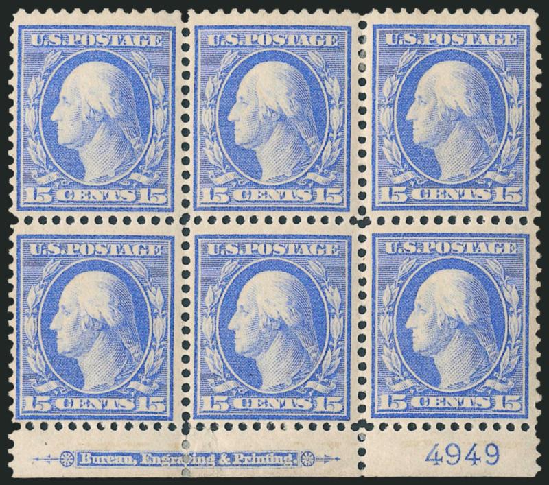 15c Pale Ultramarine, Bluish (366).> Bottom imprint and plate no. 4949 block of six, top right and bottom left stamps Mint N.H., others small h.r., radiant color on nicely blued paper, bottom right stamp small
natural inclusion<><>^FINE-VERY FINE I