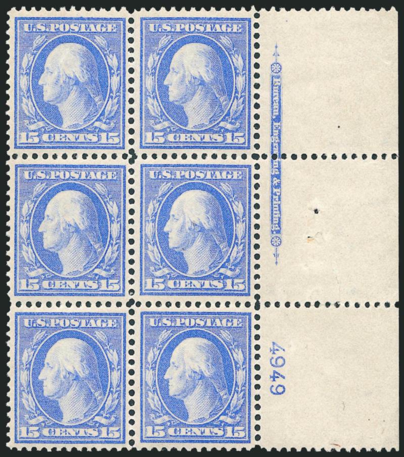 15c Pale Ultramarine, Bluish (366).> Right imprint and plate no. 4949 block of six with wide selvage, lightly hinged, bottom left stamp small h.r., radiant color on nicely blued paper, well-balanced
margins<><>^EXTREMELY FINE. A BEAUTIFUL IMPRINT A