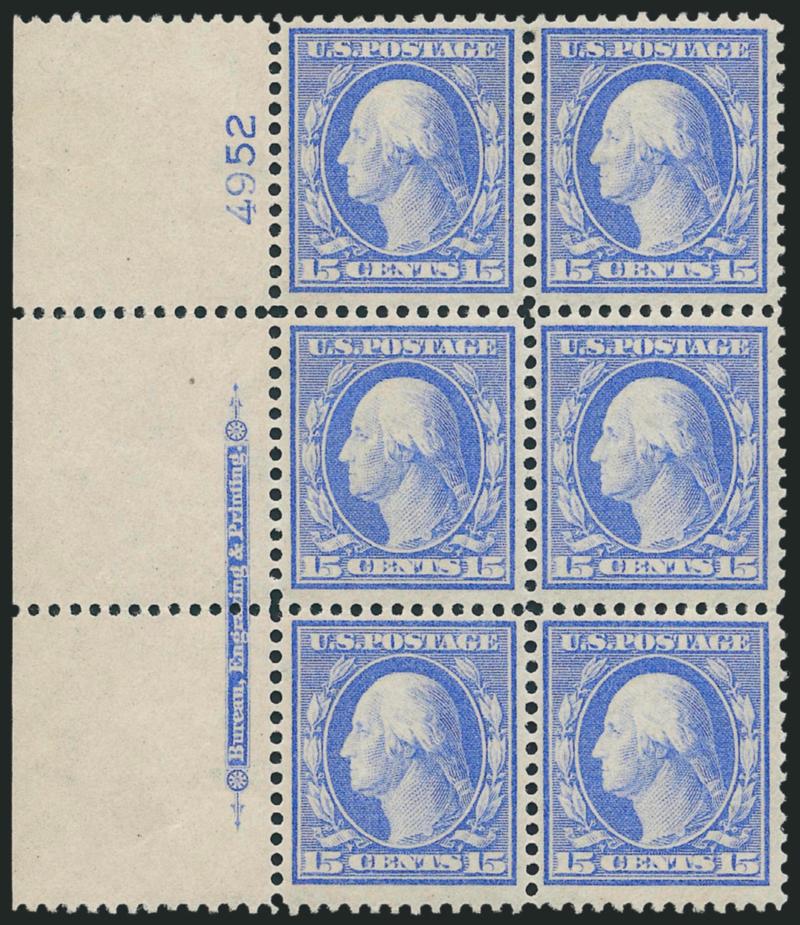 15c Pale Ultramarine, Bluish (366).> Left imprint and plate no. 4952 block of six with wide selvage, top stamps lightly hinged, bottom four stamps Mint N.H., brilliant color on nicely blued paper<><>^VERY FINE
AND CHOICE. A BEAUTIFUL LEFT IMPRINT A