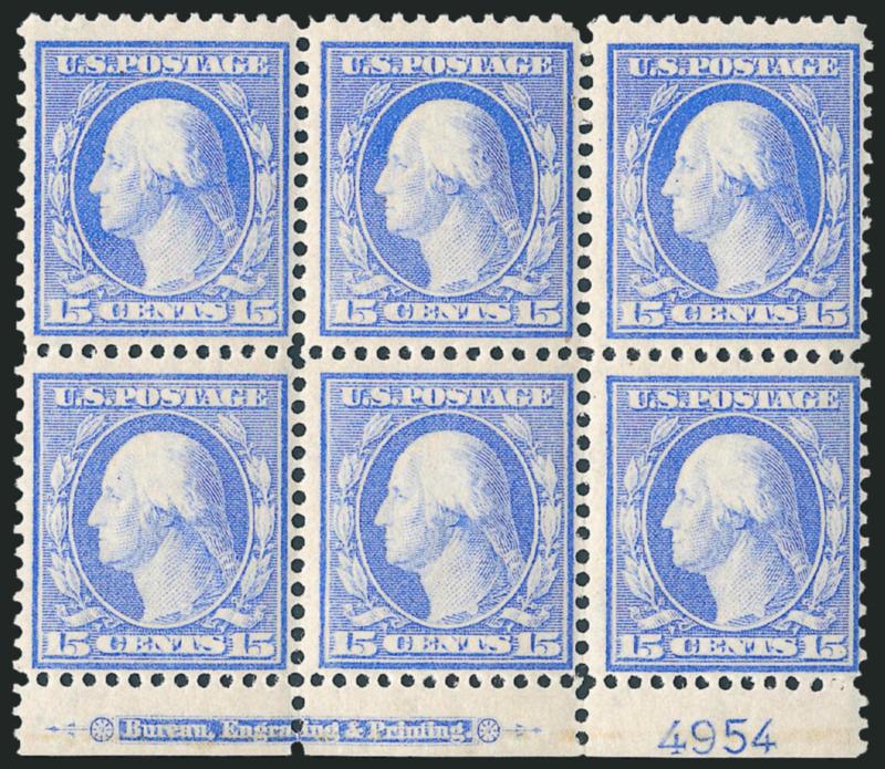 15c Pale Ultramarine, Bluish (366).> Mint N.H. bottom imprint and plate no. 4954 block of six, brilliant color on deeply blued paper<><>^FRESH AND FINE. A RARE MINT NEVER-HINGED IMPRINT AND PLATE NUMBER BLOCK
OF SIX OF THE 15-CENT ON BLUISH PAPER.^