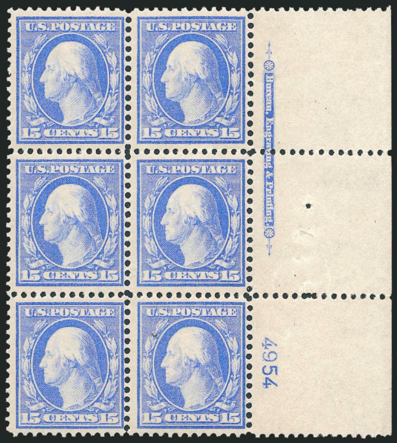 15c Pale Ultramarine, Bluish (366).> Mint N.H. right imprint and plate no. 4954 block of six with wide selvage, brilliant color on nicely blued paper<><>^FINE-VERY FINE. A RARE MINT NEVER-HINGED IMPRINT AND
PLATE NUMBER BLOCK OF SIX OF THE 15-CENT