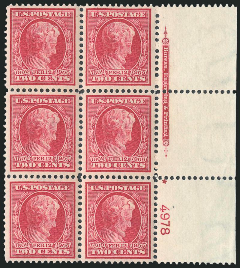 2c Lincoln (367).> Mint N.H. right imprint, plate no. 4978 and small solid star block of six with wide selvage, brilliant color on bright paper, beautiful centering, Extremely Fine Gem, a superb plate block in
every respect