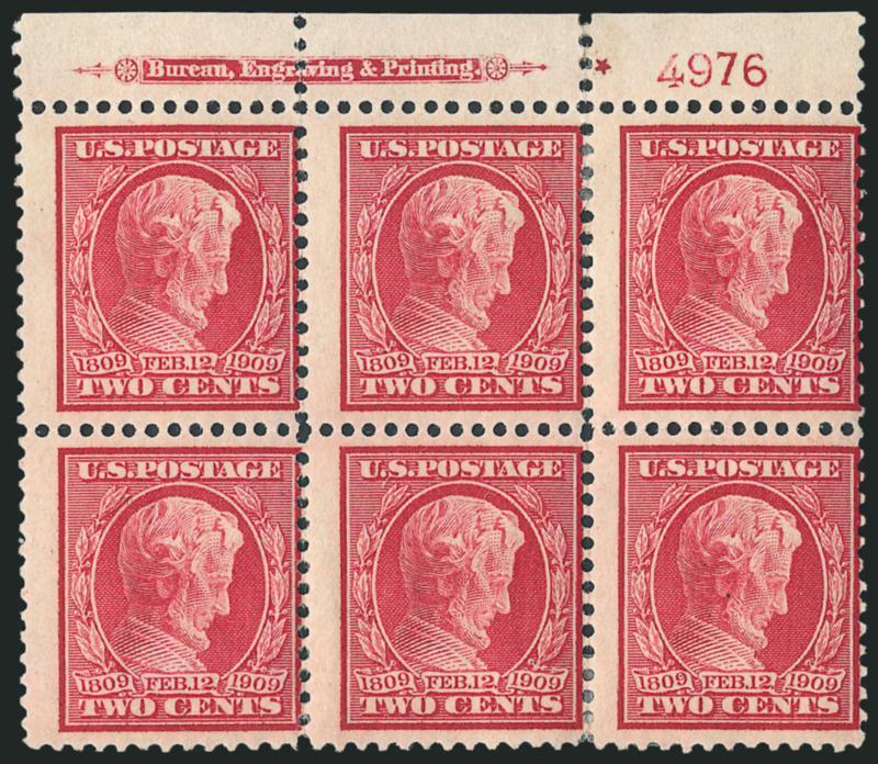 2c Lincoln, Bluish (369).> Top imprint, plate no. 4976 and small solid star block of six, h.r., few expertly rejoined perfs at top, centered to right, Very Good-Fine, with 1975 A.P.S. certificate
