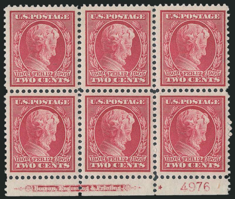 2c Lincoln, Bluish (369).> Bottom imprint, plate no. 4976 and small solid star block of six, lightly hinged, bright color on nicely blued paper, unusually choice centering<><>^VERY FINE-EXTREMELY FINE. A
BEAUTIFUL PLATE NUMBER BLOCK OF SIX OF THE 2