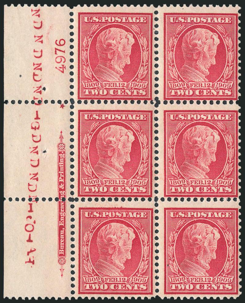 2c Lincoln, Bluish (369).> Left imprint, plate no. 4976 and small solid star block of six, barest trace of what may (or may not) be hinging, bright shade on nicely blued paper, fresh and Fine-Very Fine, Scott
Retail as hinged