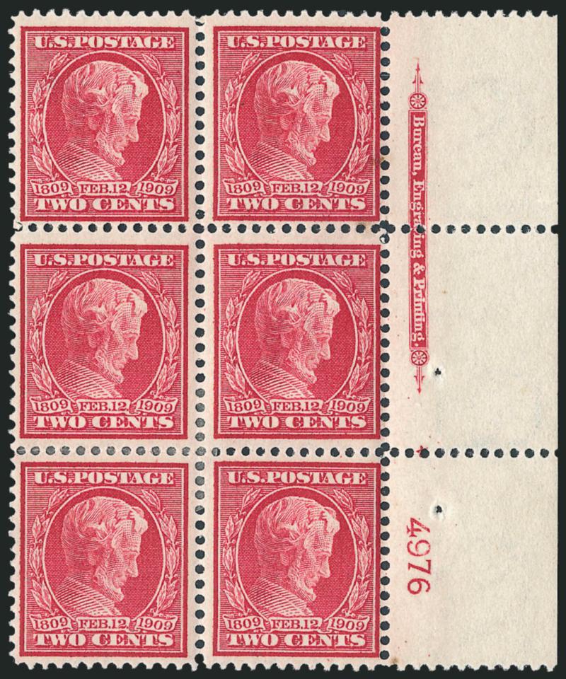 2c Lincoln, Bluish (369).> Right imprint, plate no. 4976 and small solid star block of six, h.r. except top left stamp Mint N.H., Pos. 2 small gum stain, otherwise Fine-Very Fine, with 1975 A.P.S.
certificate
