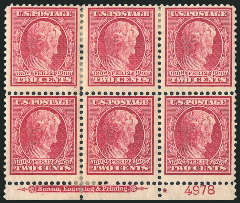 2c Lincoln, Bluish (369).> Bottom imprint, plate no. 4978 and small solid star block of six, h.r. where some perf separations rejoined (left pair probably separated), otherwise Fine, with 1980 P.F. certificate
describing slight perforation separatio