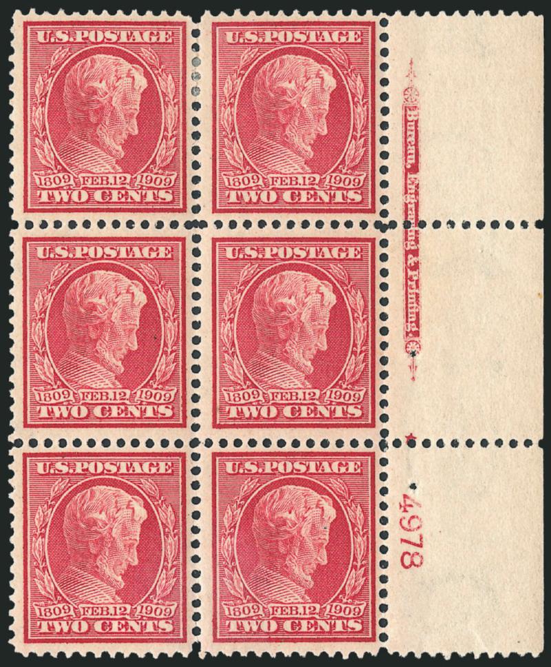 2c Lincoln, Bluish (369).> Right imprint, plate no. 4978 and small solid star block of six, top pair h.r., bright color, few minor perf separations expertly reinforced, otherwise Fine-Very Fine, with 1975
A.P.S. certificate