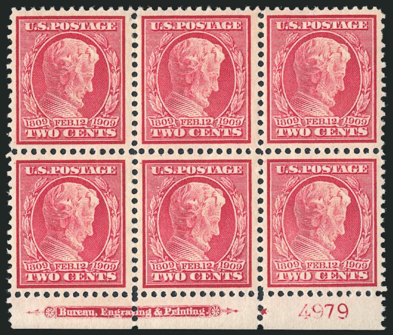 2c Lincoln, Bluish (369).> Bottom imprint, plate no. 4979 and small solid star block of six, few stamps Mint N.H., radiant color on nicely blued paper, well-balanced margins, few reinforced perf separations not
mentioned on accompanying certificate<