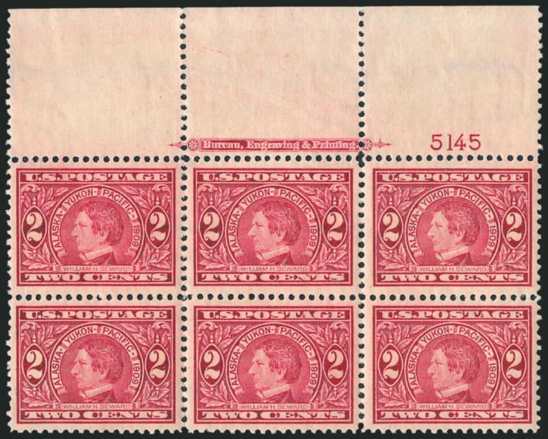 2c Alaska-Yukon (370).> Mint N.H. top imprint and plate no. 5145 block of six with wide selvage, brilliant color, beautiful centering, Extremely Fine Gem, an exceptional Mint N.H. plate block