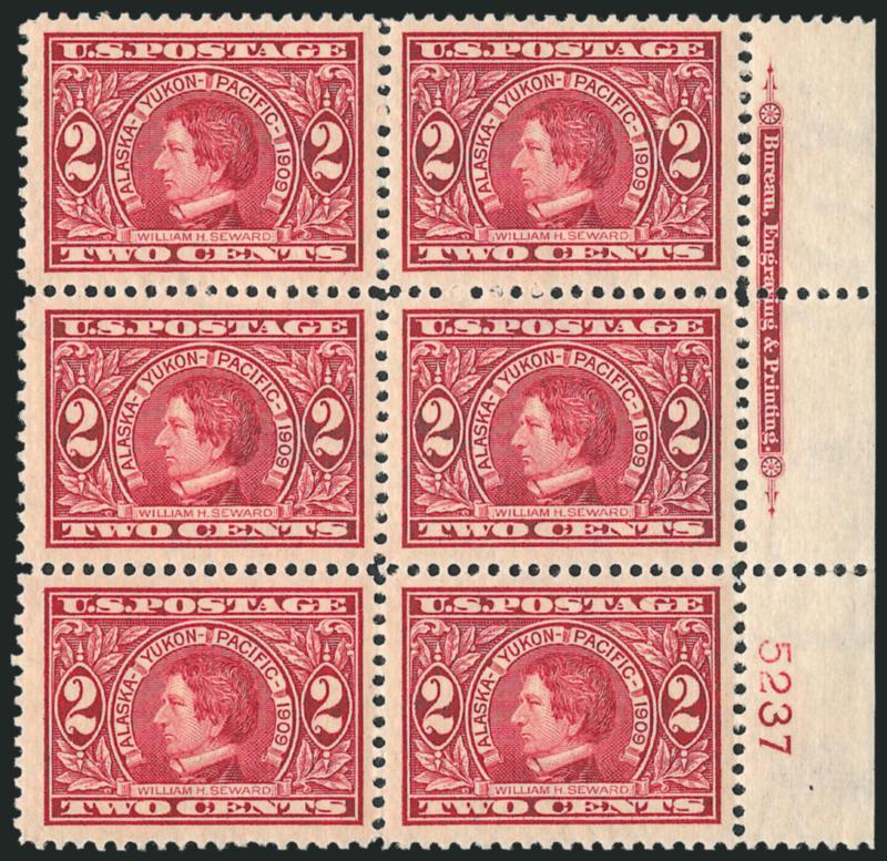 2c Alaska-Yukon (370).> Mint N.H. right imprint and plate no. 5237 block of six, deep rich color on bright paper, wide and balanced margins, fresh and Extremely Fine, a beautiful plate block