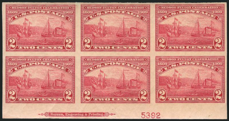 2c 1909 Commemoratives, Imperforate (371, 373).> Mint N.H. bottom imprint and plate no. blocks of six, plate nos. 5250 and 5392 respectively, large margins to full, bright color, Very Fine-Extremely Fine