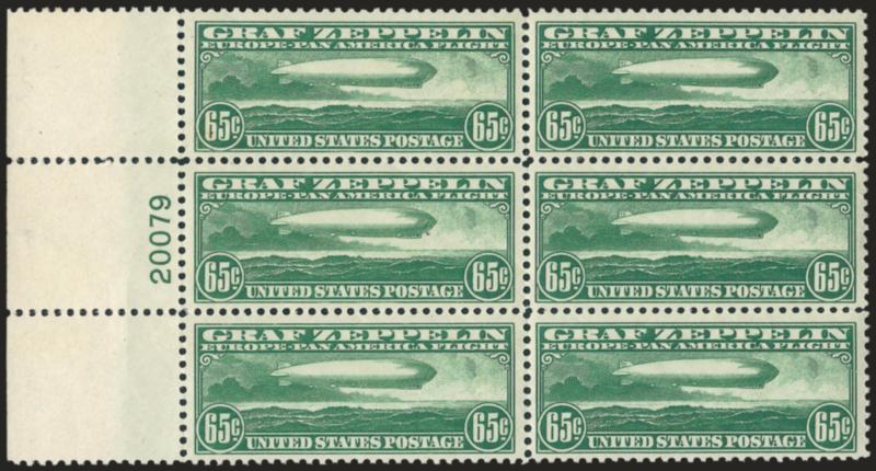 65c Graf Zeppelin (C13).> Left plate no. 20079 block of six with wide selvage, five stamps Mint N.H., top left stamp small h.r., bright color, usual natural gum bends, few slightly telescoped perfs, Very
Fine