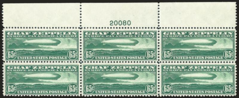 65c Graf Zeppelin (C13).> Mint N.H. top plate no. 20080 block of six, beautiful color and proof-like impression on bright paper, natural gum skips and bends, Fine-Very Fine