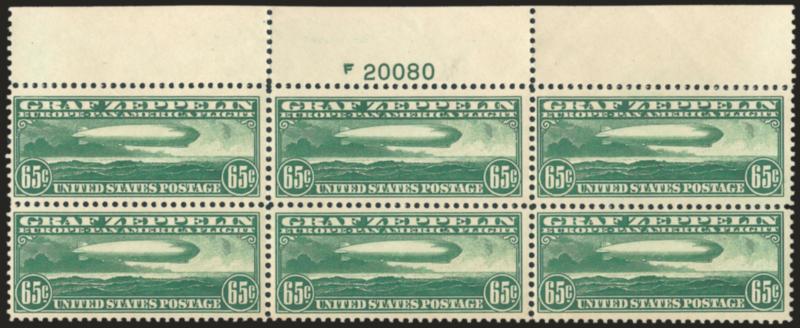 65c Graf Zeppelin (C13).> Top plate no. 20080 and F block of six, Mint N.H. except where few perf separations expertly reinforced along right vertical row, top right stamp natural short gum, few light natural
gum skips and bends, Very Fine