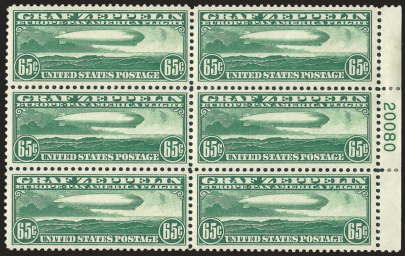 65c Graf Zeppelin (C13).> Right plate no. 20080 block of six, stamps Mint N.H., small h.r. in selvage, rich color, light natural gum bends, Fine-Very Fine, a pretty plate block