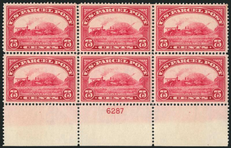 75c Parcel Post (Q11).> Bottom plate no. 6287 block of six with wide selvage, beautiful color, barest trace of hinging, gorgeous centering with wide and balanced margins<><>^EXTREMELY FNE. A SPECTACULAR BOTTOM
PLATE BLOCK OF THE 75-CENT PARCEL POST