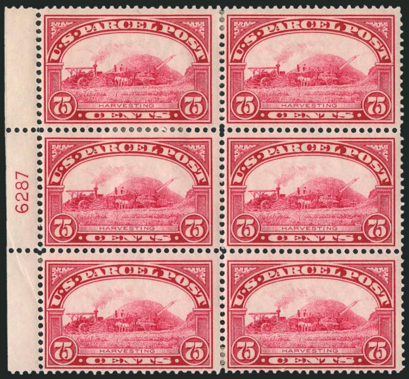 75c Parcel Post (Q11).> Left plate no. 6287 block of six with narrow selvage, h.r., radiant color, light natural gum crease at bottom left mostly in selvage, Fine-Very Fine