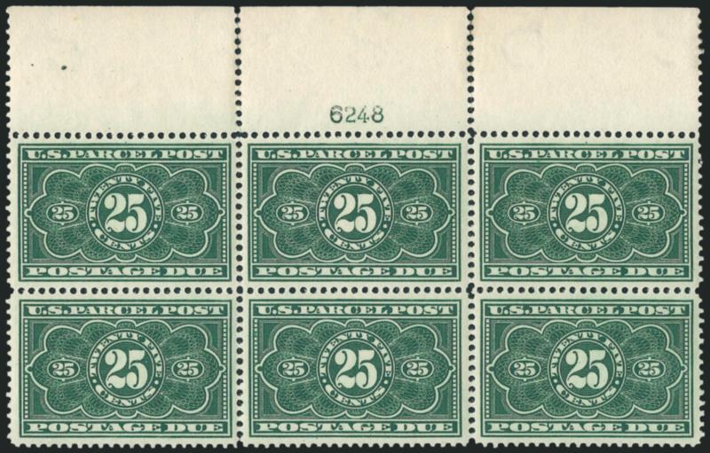 25c Dark Green, Parcel Post Postage Due (JQ5).> Top plate no. 6248 block of six with wide selvage, stamps Mint N.H., lightly hinged in selvage where some perf separations expertly reinforced, rich color and
crisp impression, unusually choice centerin
