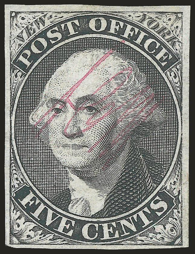 New York N.Y., 5c Black, ACM Initials (9X1).> Large part original gum, large margins to full, crisp impression, Very Fine and choice, scarce in original-gum condition and with four margins, with 1990 and 1996
P.F. certificates