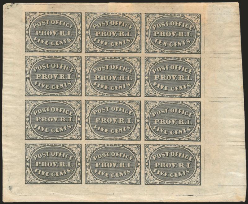 Providence R.I., 5c & 10c Gray Black, Se-Tenant (10X2a).> Complete sheet of twelve, brownish original gum, three paper hinges made of selvage at top, couple light creases and wrinkles, Very Fine appearance,
with 1996 A.P.S. certificate
