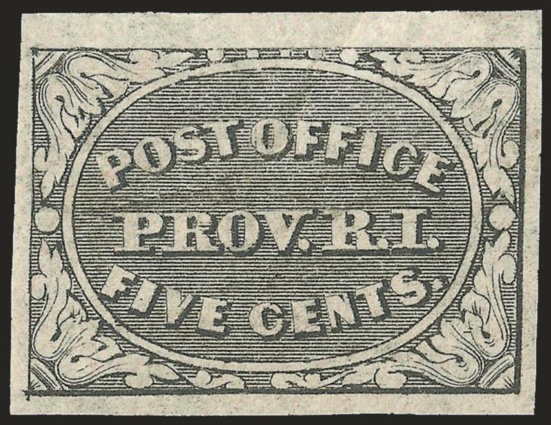 Providence R.I., 5c Gray Black (10X1).> Original gum, lightly hinged, large margins all around, deep shade, light natural pre-printing paperfold, Extremely Fine, with 1993 A.P.S. certificate