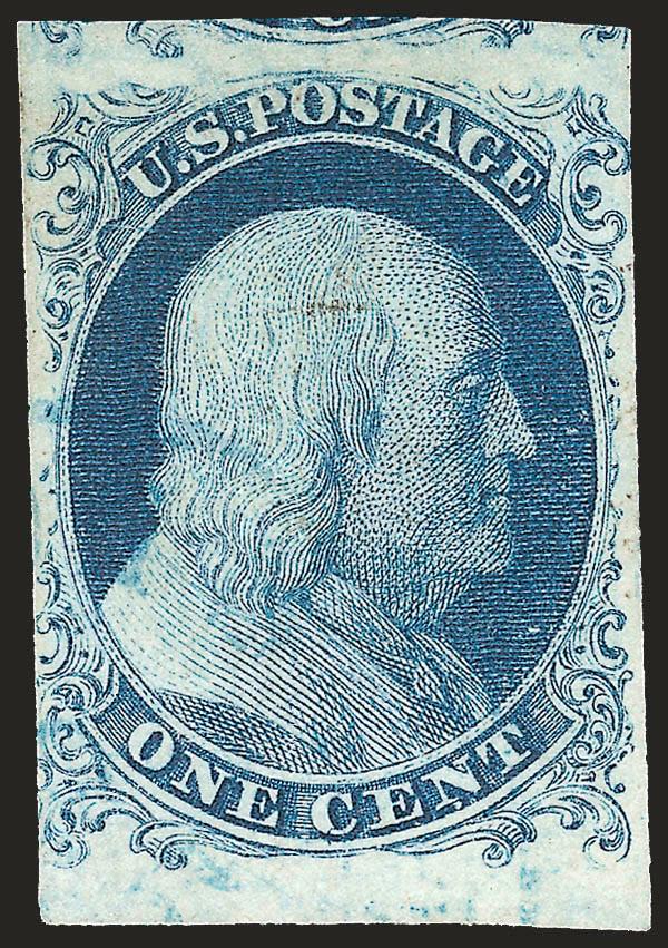 1c Blue, Ty. Ia (6).> Position 97R4, <curl in C variety,> huge margin at top incl. part of adjacent stamp and large sheet margin at bottom, ample to touching at right and just barely in at left, deep shade,
light strike of blue cancel<><>^VERY FI
