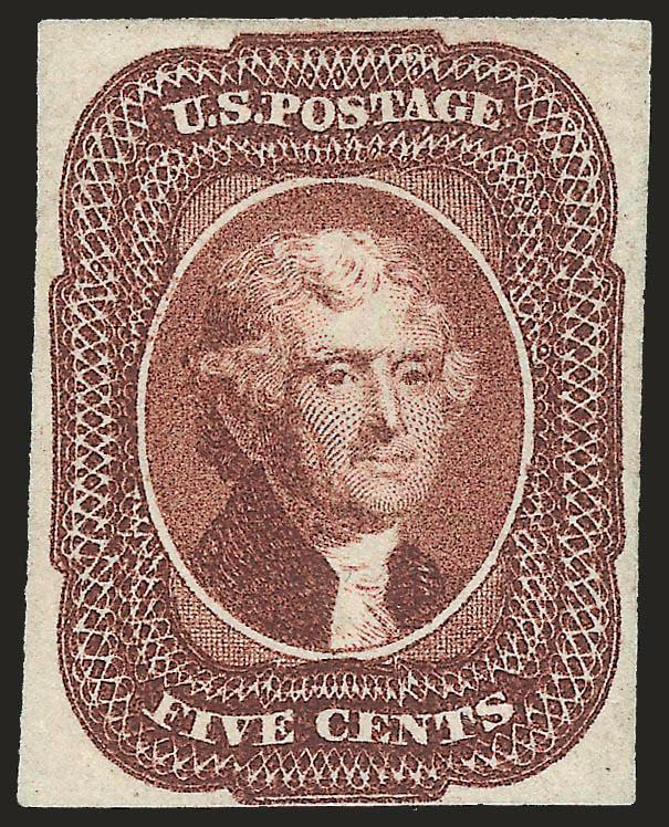 5c Red Brown (12).> Original gum, lightly hinged, three large margins, clear at bottom, deep rich color and proof-like impression on bright paper<><>^FRESH AND VERY FINE. AN ATTRACTIVE AND RARE SOUND
ORIGINAL-GUM EXAMPLE OF THE 5-CENT 1856 ISSUE.^<