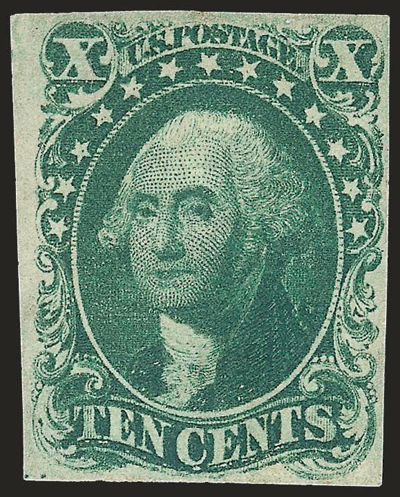 10c Green, Ty. I (13).> Original gum, large margins to clear which shows the entire design, deep rich color, small sealed tear at top left described on accompanying certificate as a crease<><>^VERY FINE
APPEARANCE. A RARE ORIGINAL-GUM EXAMPLE OF TH