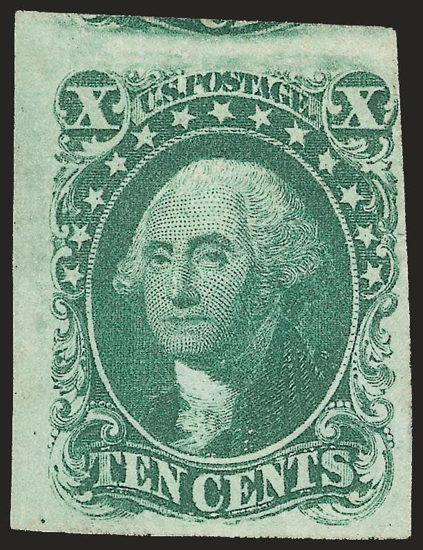 10c Green, Ty. I (13).> Position 91R, unused (no gum), dark color with immense margins almost all around clearly displaying the characteristics of the type and with part of the adjoining stamp at top,
proof-like impression<><>^EXTREMELY FINE AND RA