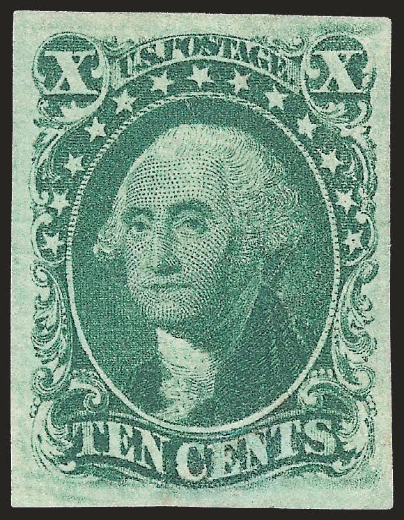 10c Green, Ty. IV (16).> Unused (no gum), Position 86L1, recut at top, large margins all around, rich color, tiny surface scrape expertly retouched is barely noticeable even with magnification<><>^EXTREMELY
FINE APPEARANCE. A RARE UNUSED EXAMPLE OF
