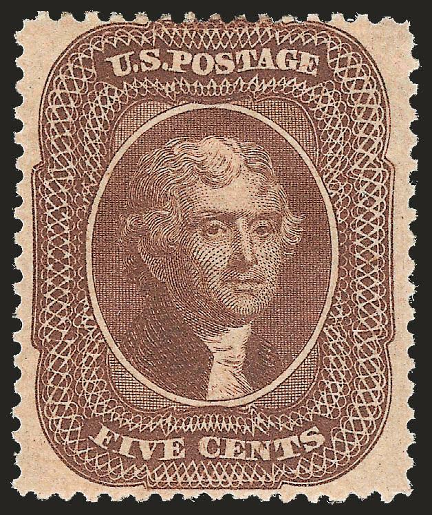 5c Brown, Ty. II (30A).> Original gum, crisp impression, three wide margins, long and full perforations all around<><>^VERY FINE ORIGINAL-GUM EXAMPLE OF THE 1860 5-CENT BROWN TYPE II.^<><>With 1996 P.F.
certificate