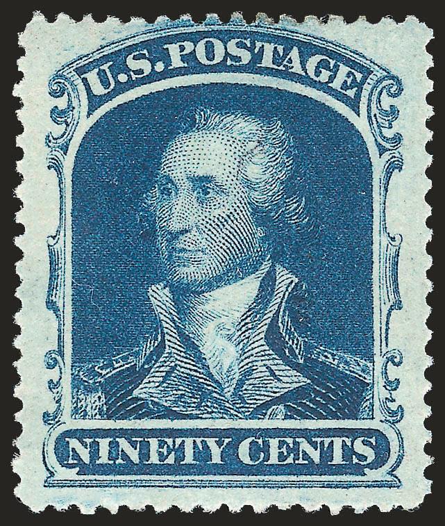 90c Blue (39).> Original gum, rich color on bright paper, unusually wide margins on three sides<><>^VERY FINE AND CHOICE ORIGINAL-GUM EXAMPLE OF THE 90-CENT 1860 ISSUE.^<><>With 1999 P.S.E. certificate