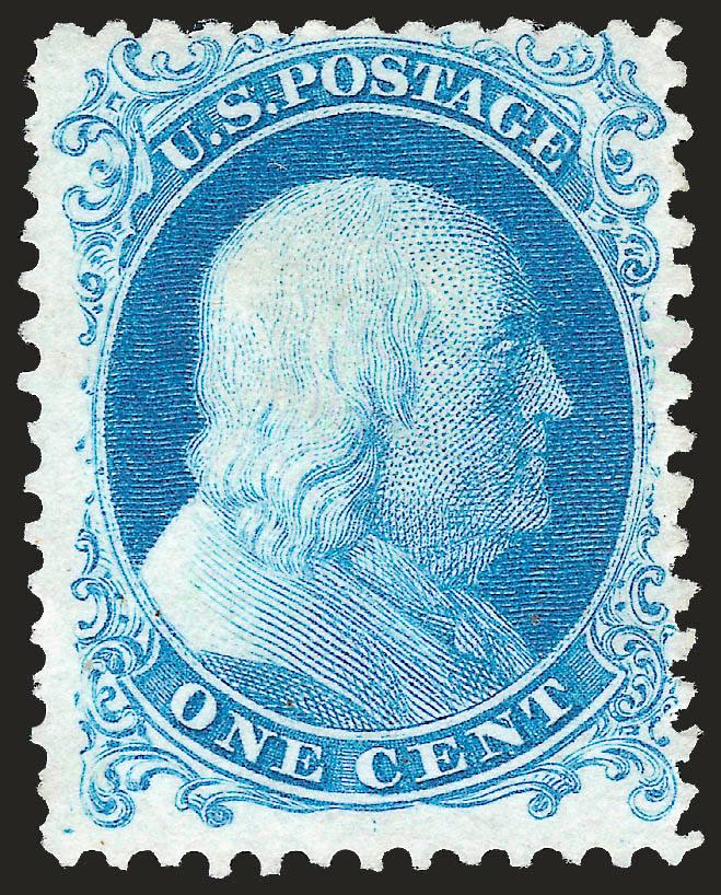 1c Bright Blue, Reprint (40).> Without gum as issued, radiant color on bright paper, fresh and Fine, with 1981 P.F. certificate