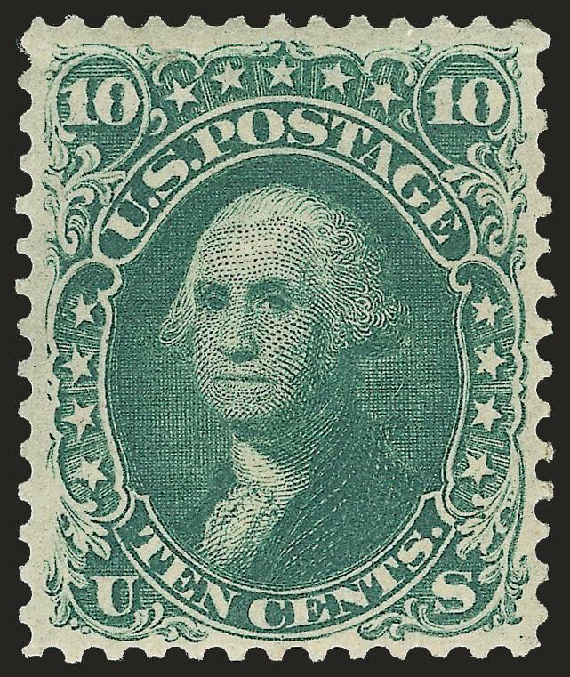 10c Dark Green, First Design (62B).> Original gum, lightly hinged, rich color and sharp impression, choice centering for this extremely challenging issue, faint horizontal crease at top does not affect overall
appearance<><>^EXTREMELY FINE APPEARAN