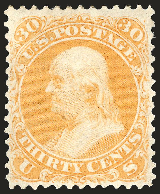 30c Orange (71).> Original gum, lightly hinged, vivid color<><>^VERY FINE AND CHOICE ORIGINAL-GUM EXAMPLE OF THE 30-CENT 1861 ISSUE.^<><>The narrowly-spaced 30c 1861 plate left very little room for the 12-gauge
perforations between stamps. Conseq