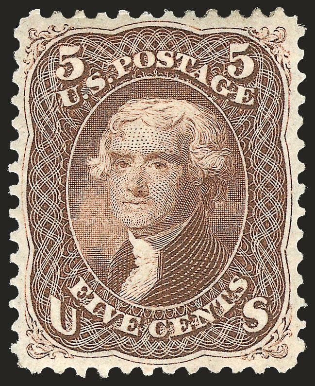 5c Brown (76).> Original gum, perfectly centered with well-balanced margins, fresh color and detailed impression<><>^EXTREMELY FINE GEM. A SUPERB ORIGINAL-GUM EXAMPLE OF THE 1863 5-CENT BROWN. A BEAUTIFUL
STAMP.^<><>With 2002 P.F. certificate