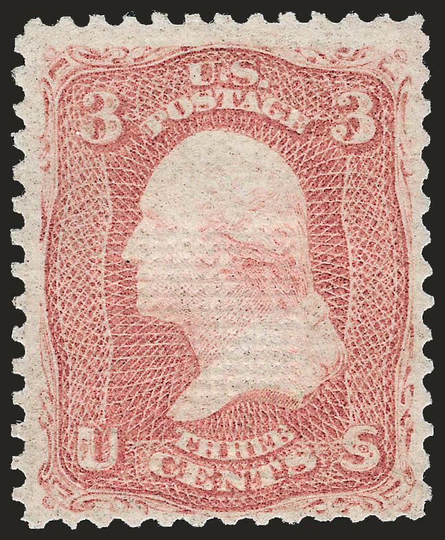3c Rose, Z. Grill (85C).> Original gum, barest trace of hinging, clearly-defined grill, radiant color<><>^FRESH AND FINE. A RARE SOUND ORIGINAL-GUM EXAMPLE OF THE 1868 3-CENT Z GRILL. THIS IS ONE OF THE
SCARCEST OF THE REGULARLY-PRODUCED GRILLED IS