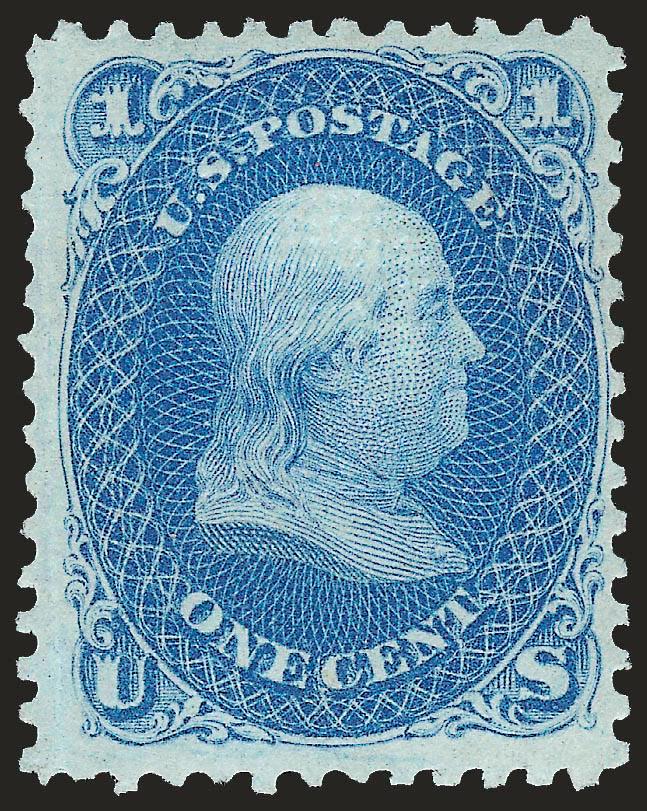 1c Blue, E. Grill (86). Mint N.H.,> rich color and detailed impression on bright paper, clearly-defined grill<><>^FRESH AND FINE. AN EXCEEDINGLY RARE MINT NEVER-HINGED EXAMPLE OF THE 1868 ONE-CENT E GRILL. THIS
IS THE FIRST IN MINT NEVER-HINGED CON